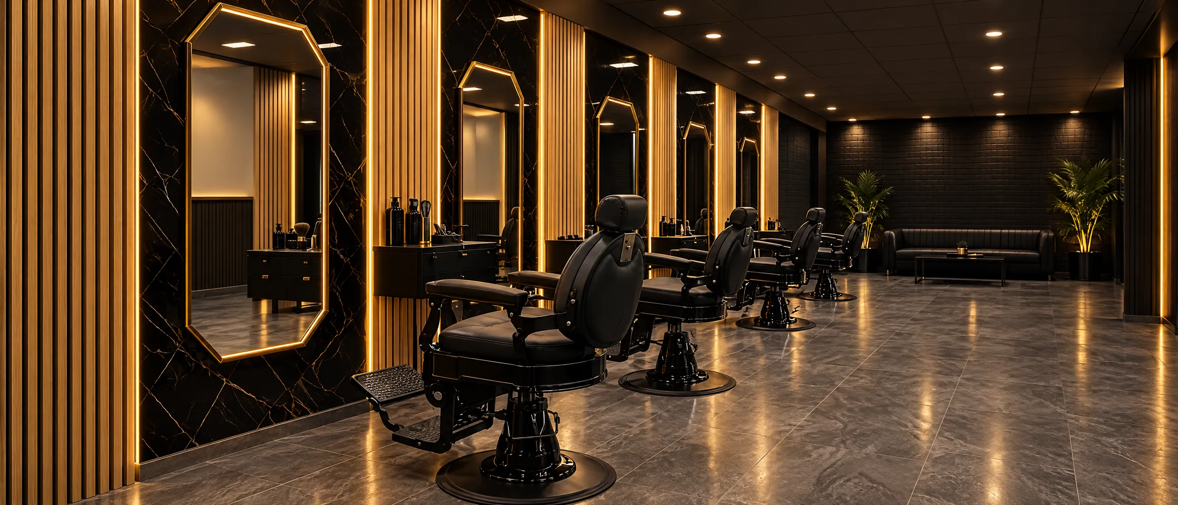 Het interieur van Lighthouse Hair Dressers met zwarte barberstoelen en gouden spiegels
