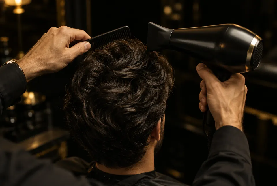 Kapper die haar in model föhnt